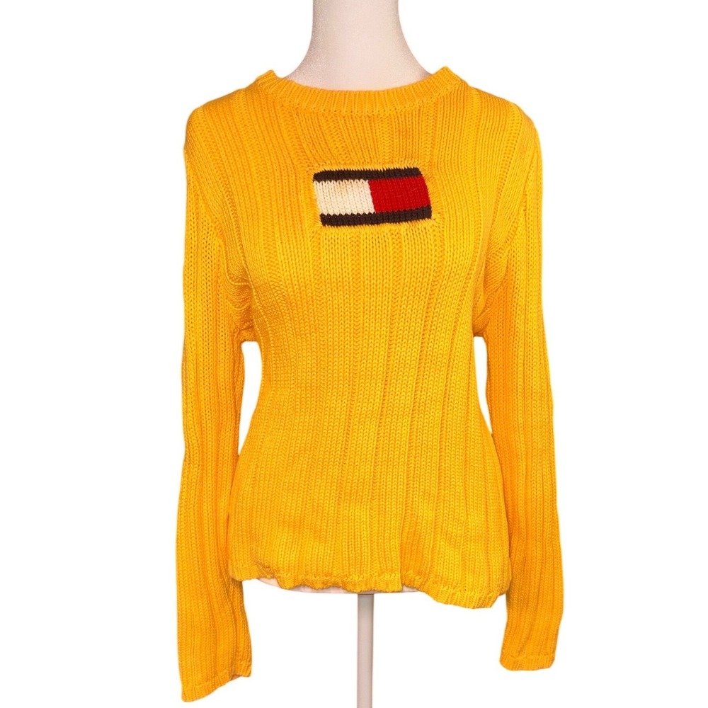 Tommy Hilfiger Jeans Yellow Chunky Knit Flag Preppy Sweater Cotton XL